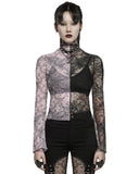 Punk Rave Womens Gothic Poison Ivy Sheer Mesh Split Top - Black & Pink