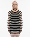 Punk Rave Daily Life Casual Punk Fishnet Mesh Striped Sweater Top - Black & White