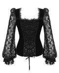 Eva Lady Arabella's Conflict Womens Beaded Gothic Blouse Top - Black Velvet & Lace