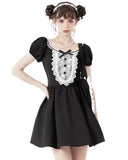 Dark In Love Gothic Punk Skull Lace Mini Dress - Black & White