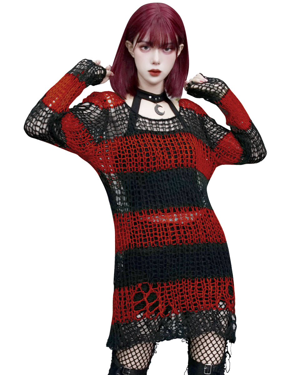 Punk Rave Womens Shredded Broken Knit Sweater Top - Black & Red Stripe ...