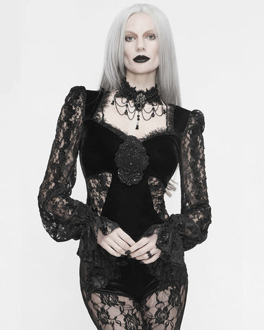 Eva Lady Arabella's Conflict Womens Beaded Gothic Blouse Top - Black Velvet & Lace