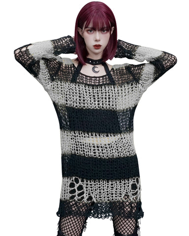 Punk Rave Womens Shredded Broken Knit Sweater Top - Black & White Stripe