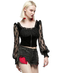 Punk Rave Daily Life Casual Gothic Flocked Velvet Rose Lace Blouse Top Dqf