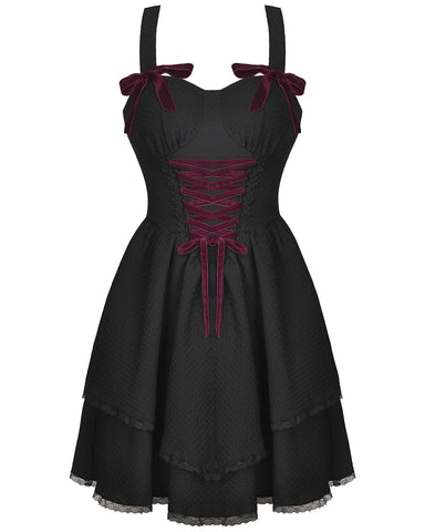 Dark In Love Gothic Lolita Lace Up Swiss Dot Doll Dress - Black & Red