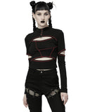 Punk Rave Womens Cyberpunk Cut Out Splicing Top - Black & Red