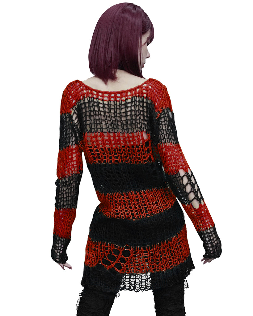 Punk Rave Womens Shredded Broken Knit Sweater Top - Black & Red Stripe ...