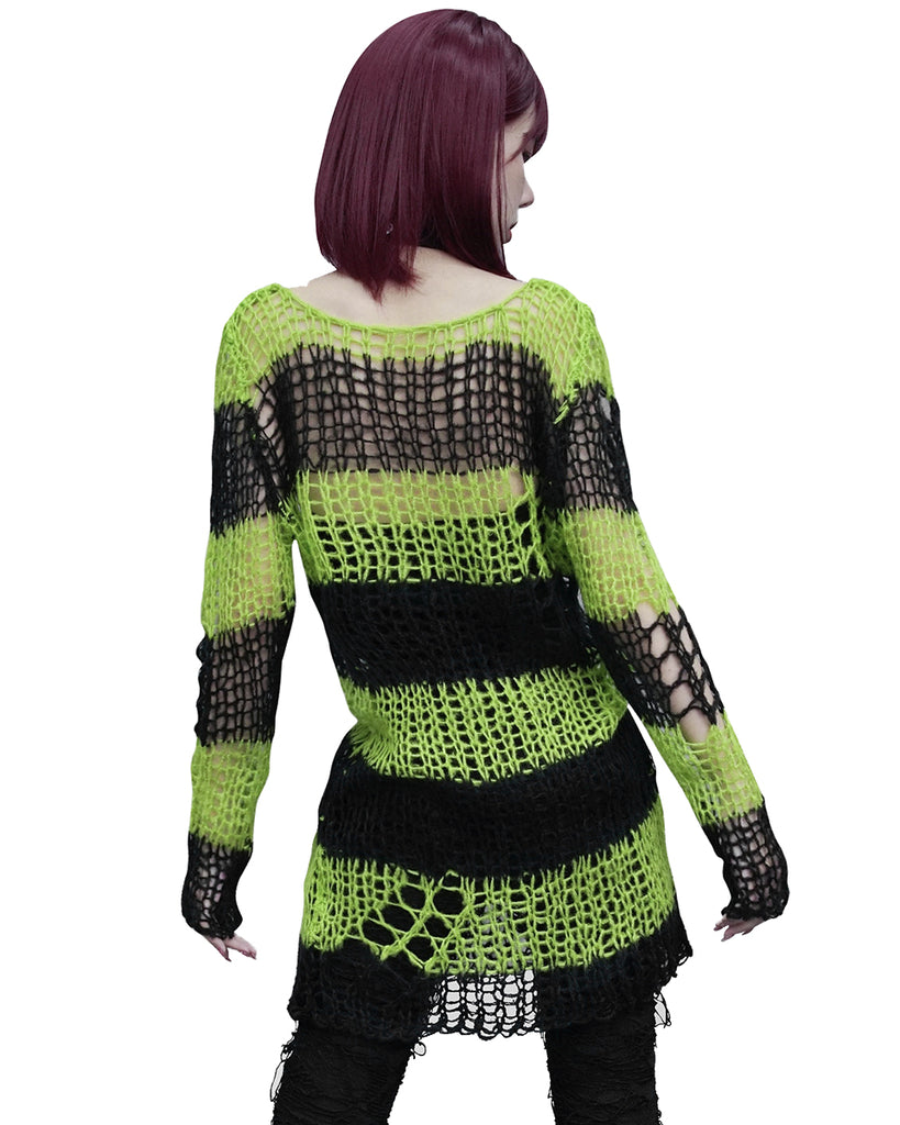 Punk Rave Womens Shredded Broken Knit Sweater Top - Black & Green Stri ...