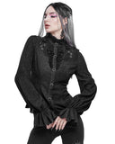 Devil Fashion Womens Gothic Floral Applique Blouse Top - Black